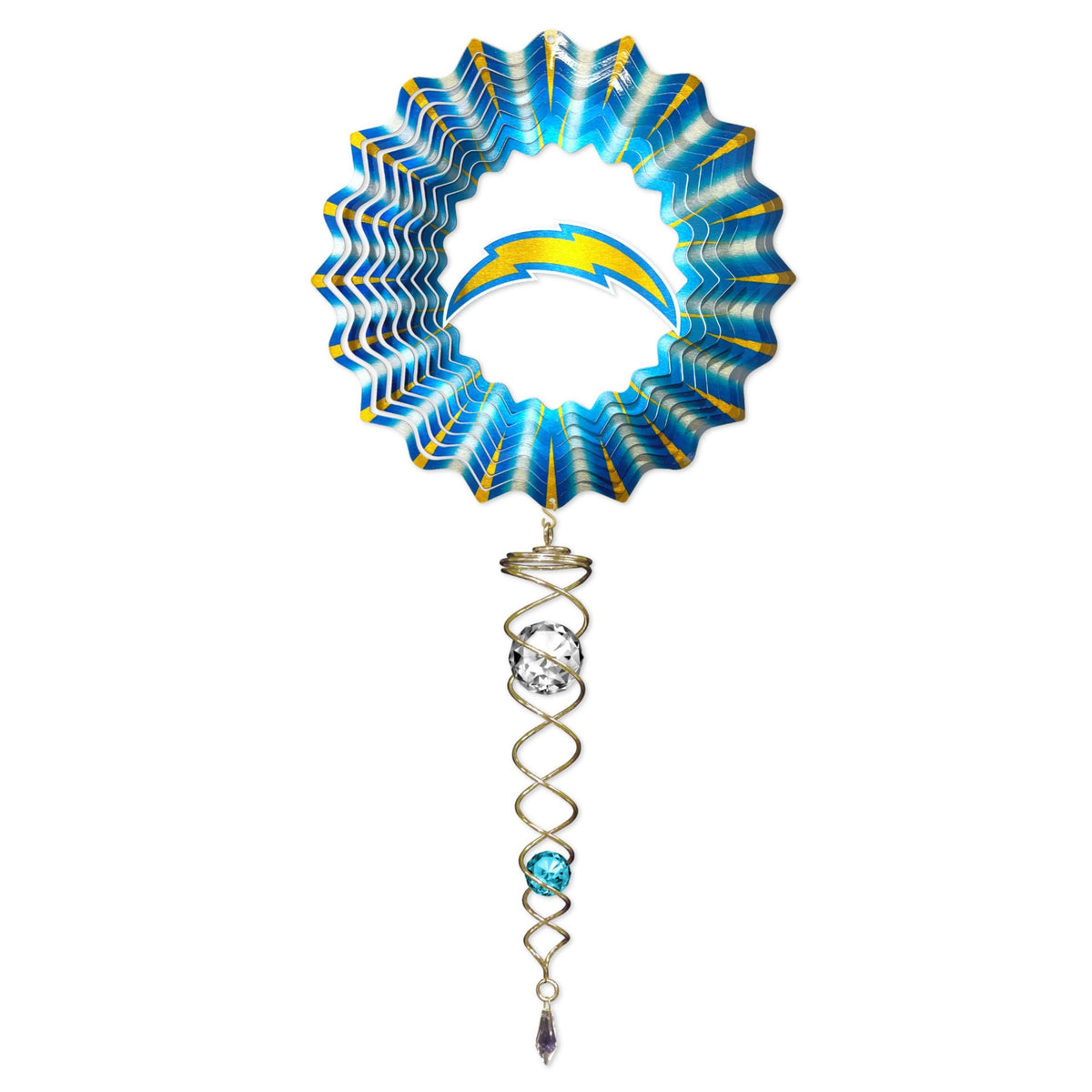 Los Angeles Chargers NFL Wind Spinners Mini Set featuring a 6.5-inch wind spinner and 7.5-inch crystal twister in a vibrant outdoor display.