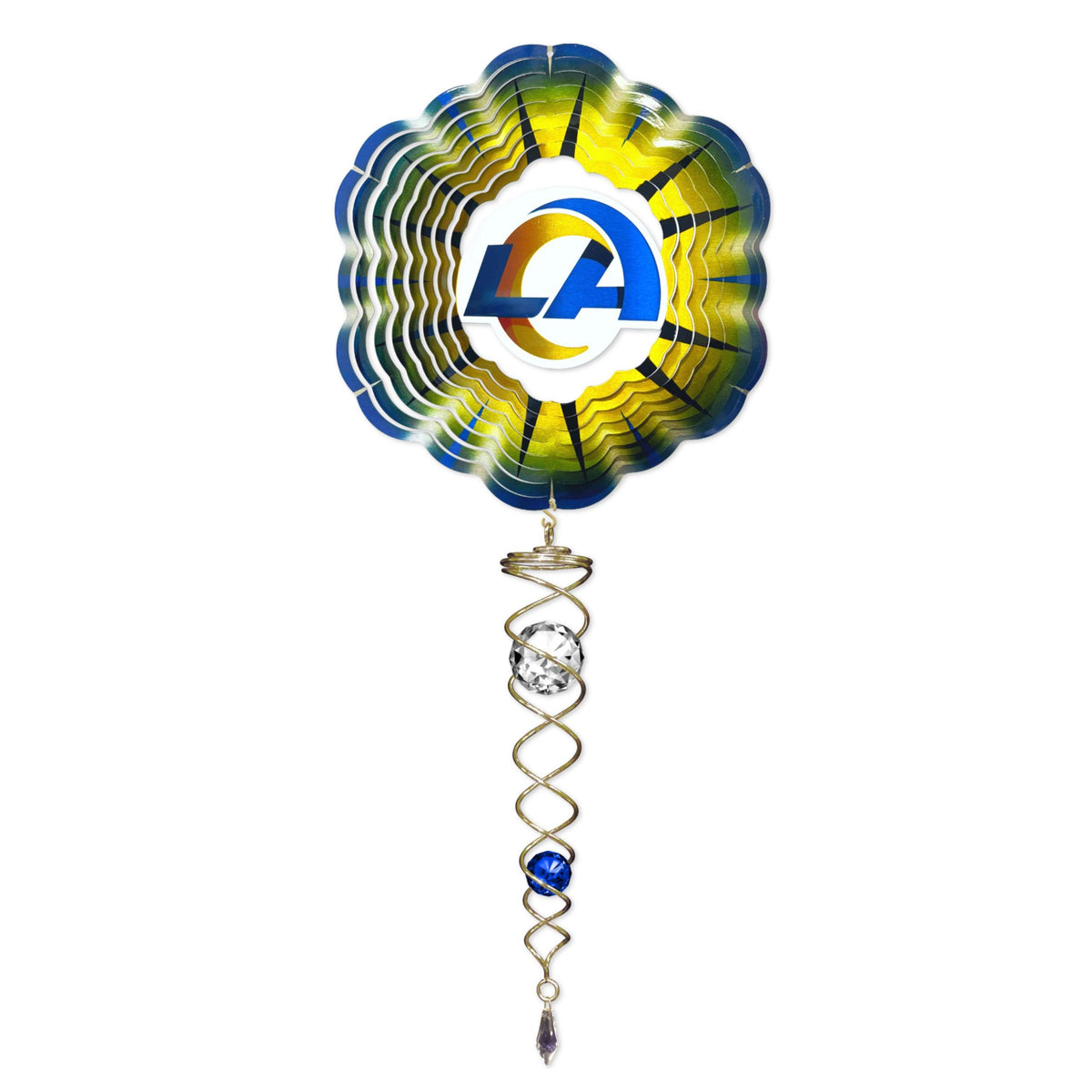 Los Angeles Rams wind spinner mini set featuring a colorful wind spinner and a sparkling crystal twister displayed outdoors in a garden setting.