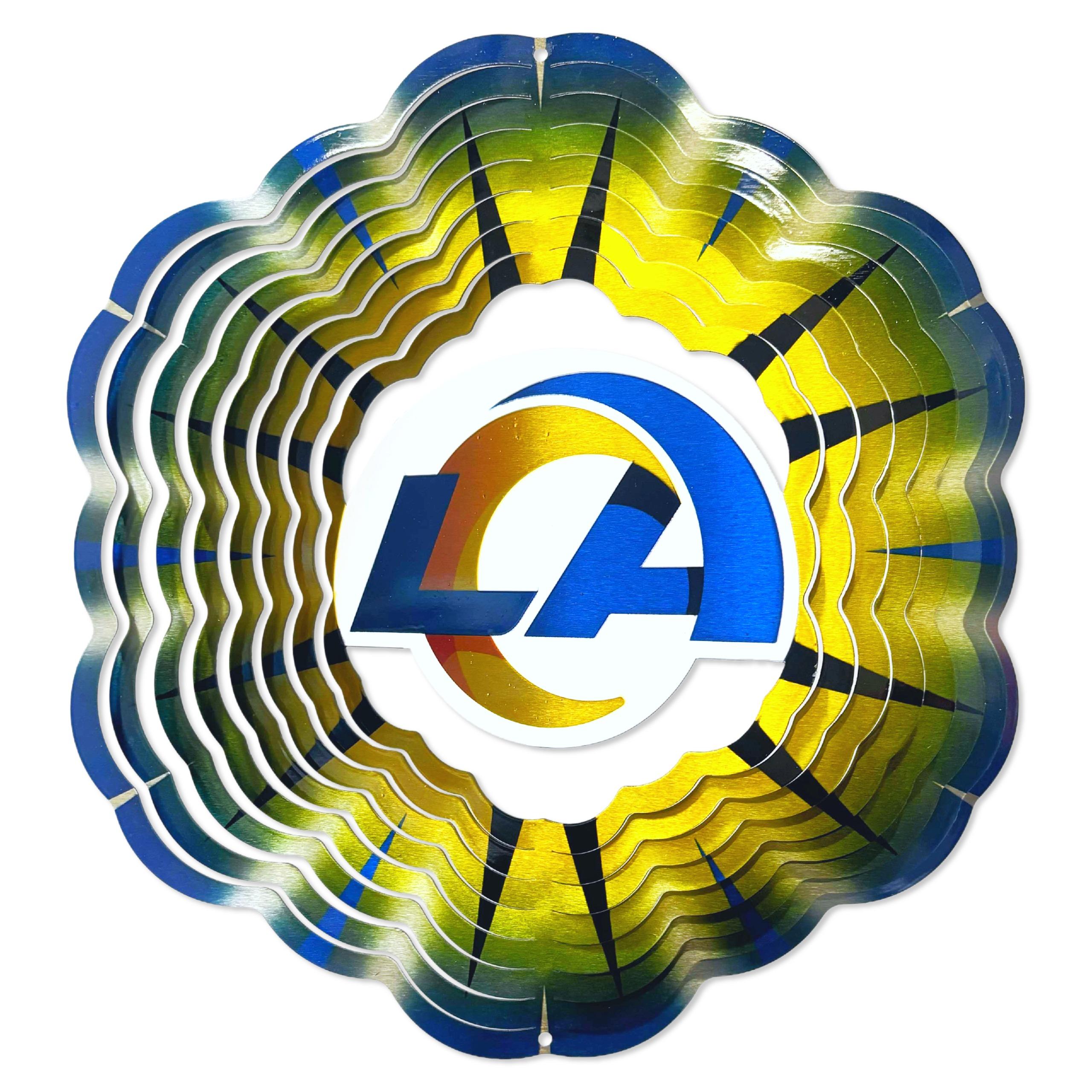 Los Angeles Rams 12-inch wind spinner showcasing the team's logo and colors, elegantly spinning in the garden under a clear sky.