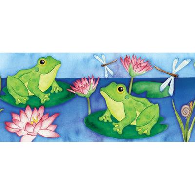 Lotus Frogs windsock featuring vibrant frogs and lotus flowers hangs gracefully from a pole, showcasing its bright colors outdoors.