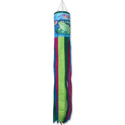 Lotus Frogs windsock featuring vibrant frogs and lotus flowers hangs gracefully from a pole, showcasing its bright colors outdoors.