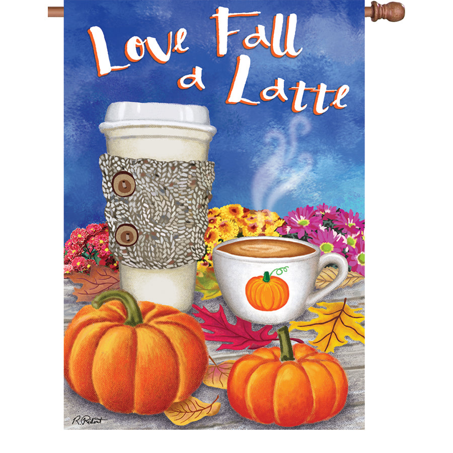 28 in. Love Fall a Latte flag made from PremierSoft fabric, featuring colorful autumn design, displayed outdoors by a cozy porch setting.