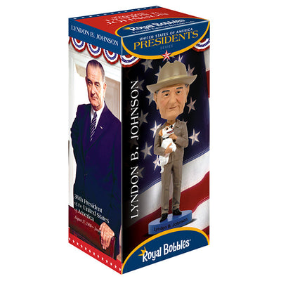 Lyndon B Johnson Bobblehead, featuring detailed likeness and nodding mechanism, perfect for collectors and history buffs, standing 8 inches tall.