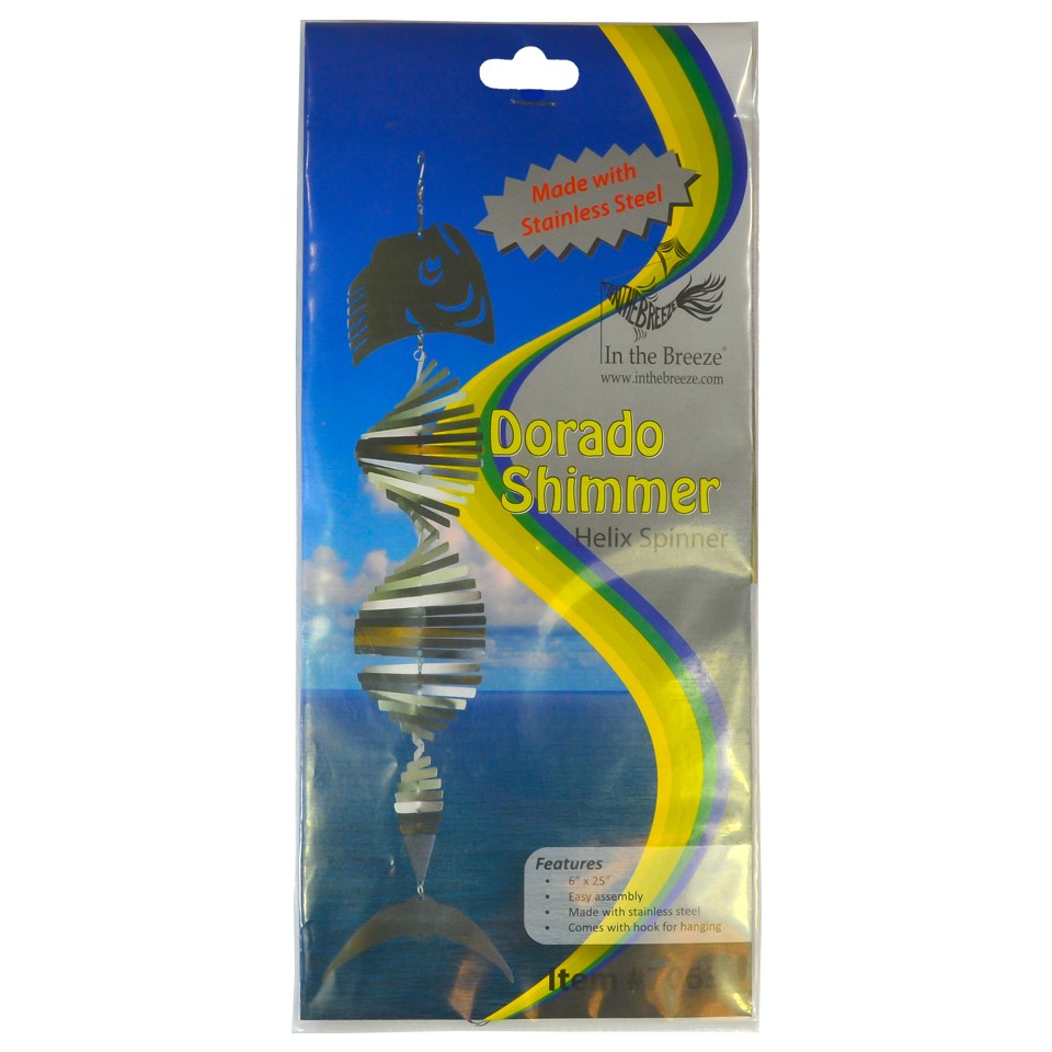 Mahi-mahi Shimmer Helix Spinner made of stainless steel, showcasing a helix design with shimmering fish head and tail, displayed outdoors.