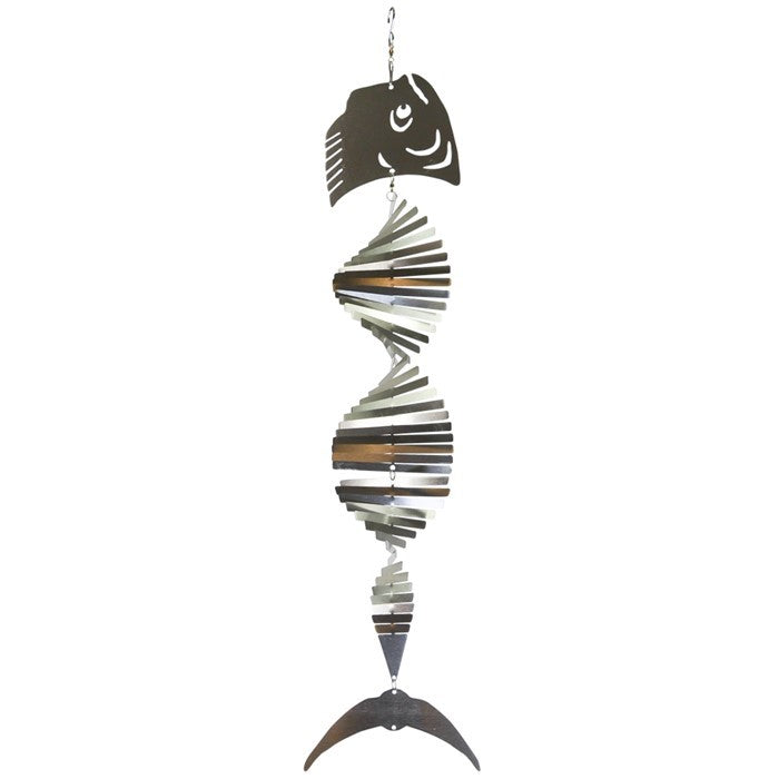 Mahi-mahi Shimmer Helix Spinner made of stainless steel, showcasing a helix design with shimmering fish head and tail, displayed outdoors.