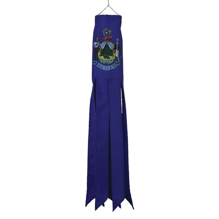 Maine 18-inch windsock featuring vibrant colors and six fluttering tails, displayed outdoors in a lush garden setting.