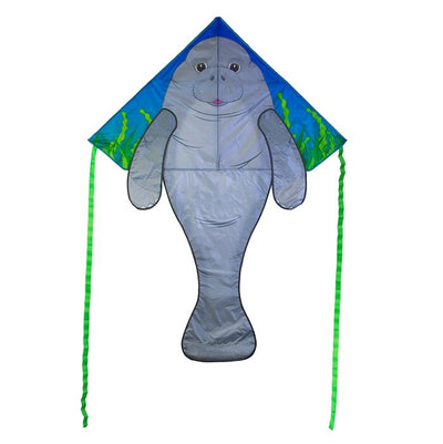 Vibrant Manatee 45" Fly-Hi Kite flying against a clear blue sky, showcasing its colorful design and streamer tails.