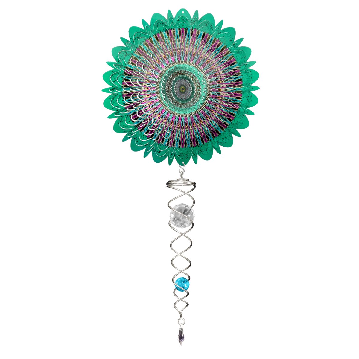 Mandala Cosmic wind spinner displayed outdoors, showcasing intricate mandala design and a sparkling crystal twister under sunlight.