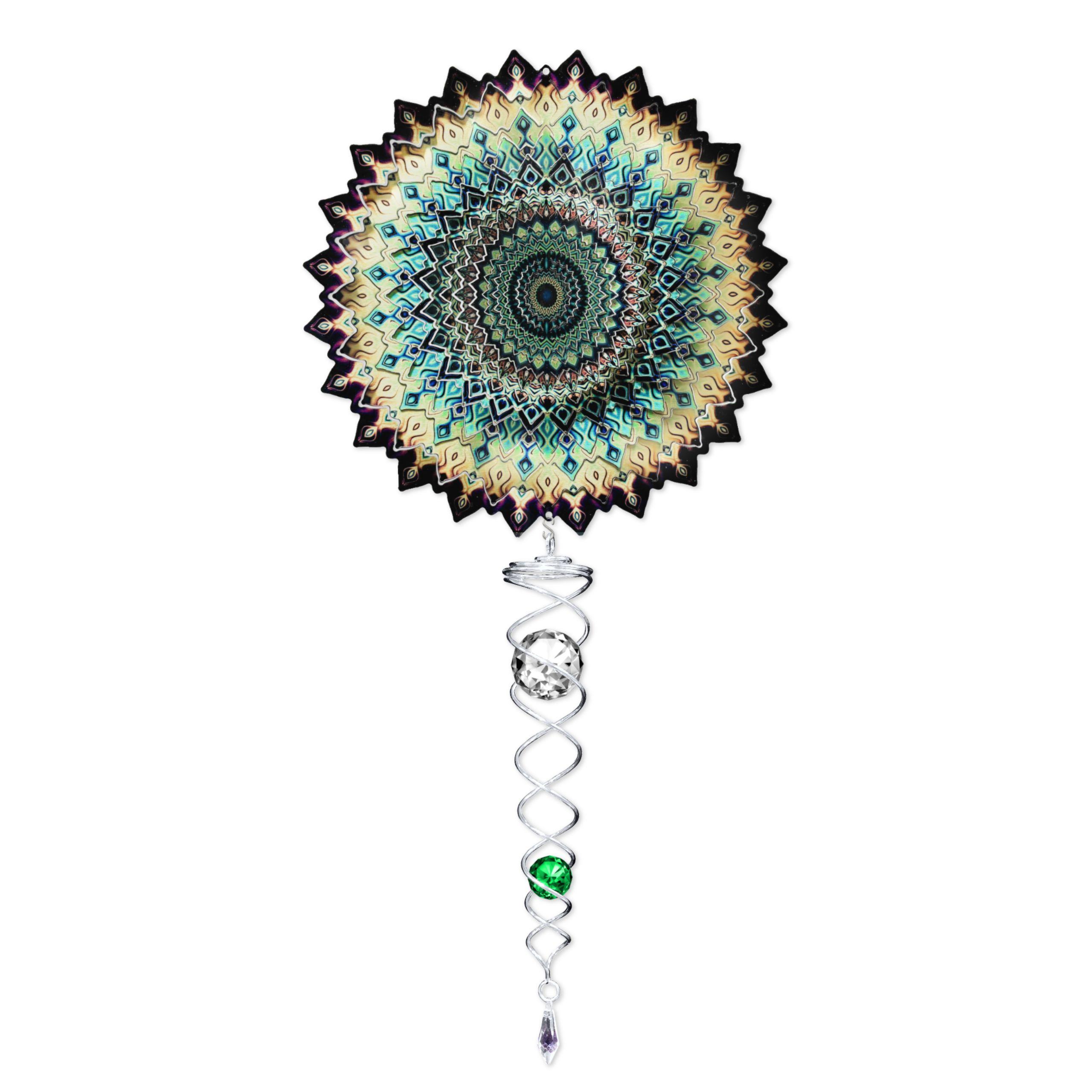 Mandala Earth wind spinner mini set with intricate design and crystal twister hanging in a colorful garden, enhancing the outdoor ambiance.