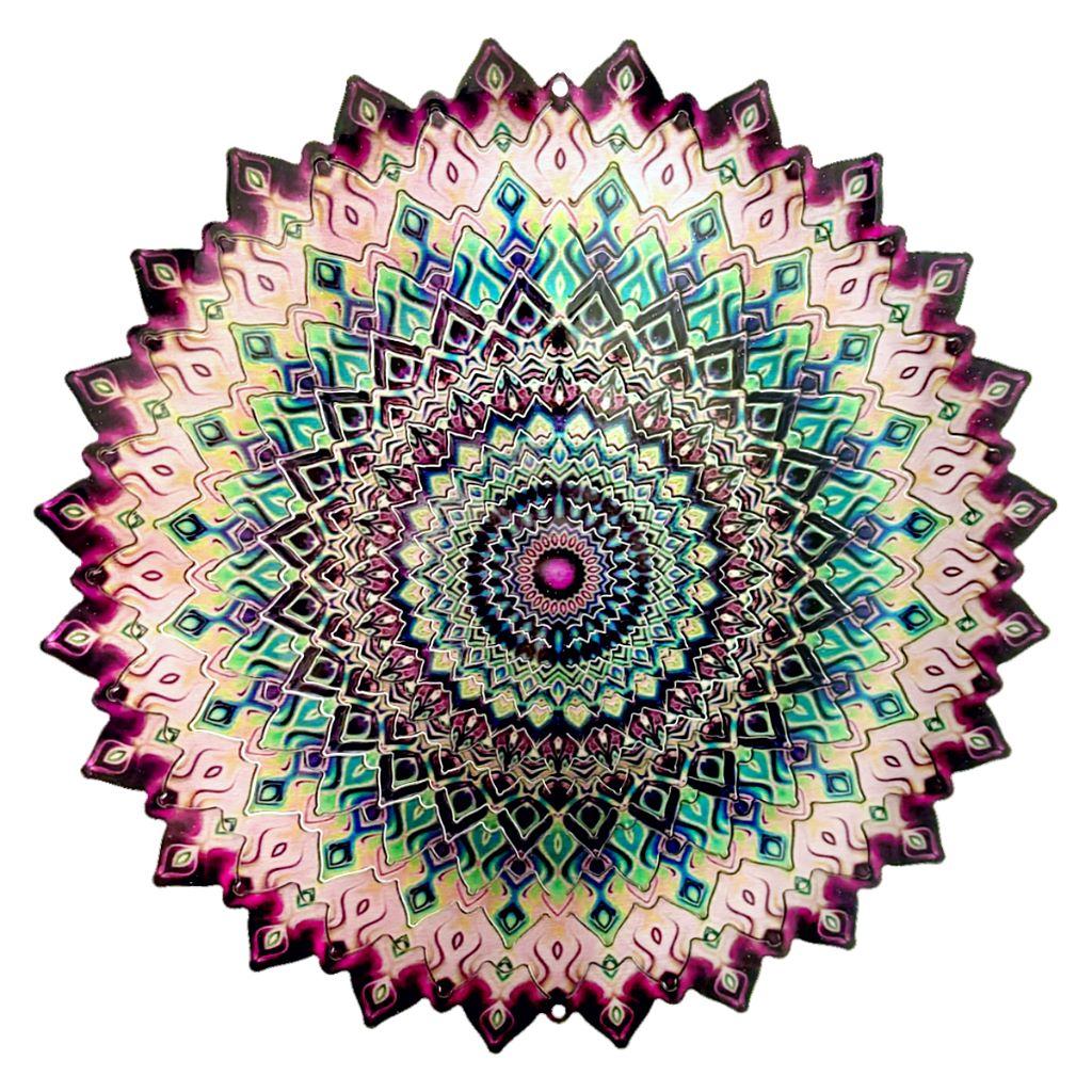 Mandala Rose wind spinner, 12-inch stainless steel design, spinning gracefully outdoors with vibrant colors against a garden background.
