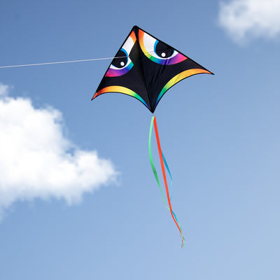 Manu Aurora 72 inch Delta Kite with vibrant colors and a streamer tail flying in a clear blue sky during a sunny day.