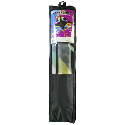 Manu Aurora 72 inch Delta Kite with vibrant colors and a streamer tail flying in a clear blue sky during a sunny day.