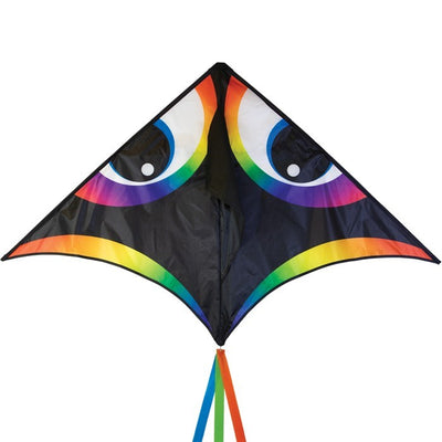 Manu Aurora 72 inch Delta Kite with vibrant colors and a streamer tail flying in a clear blue sky during a sunny day.