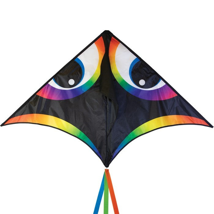 Manu Aurora 72 inch Delta Kite with vibrant colors and a streamer tail flying in a clear blue sky during a sunny day.