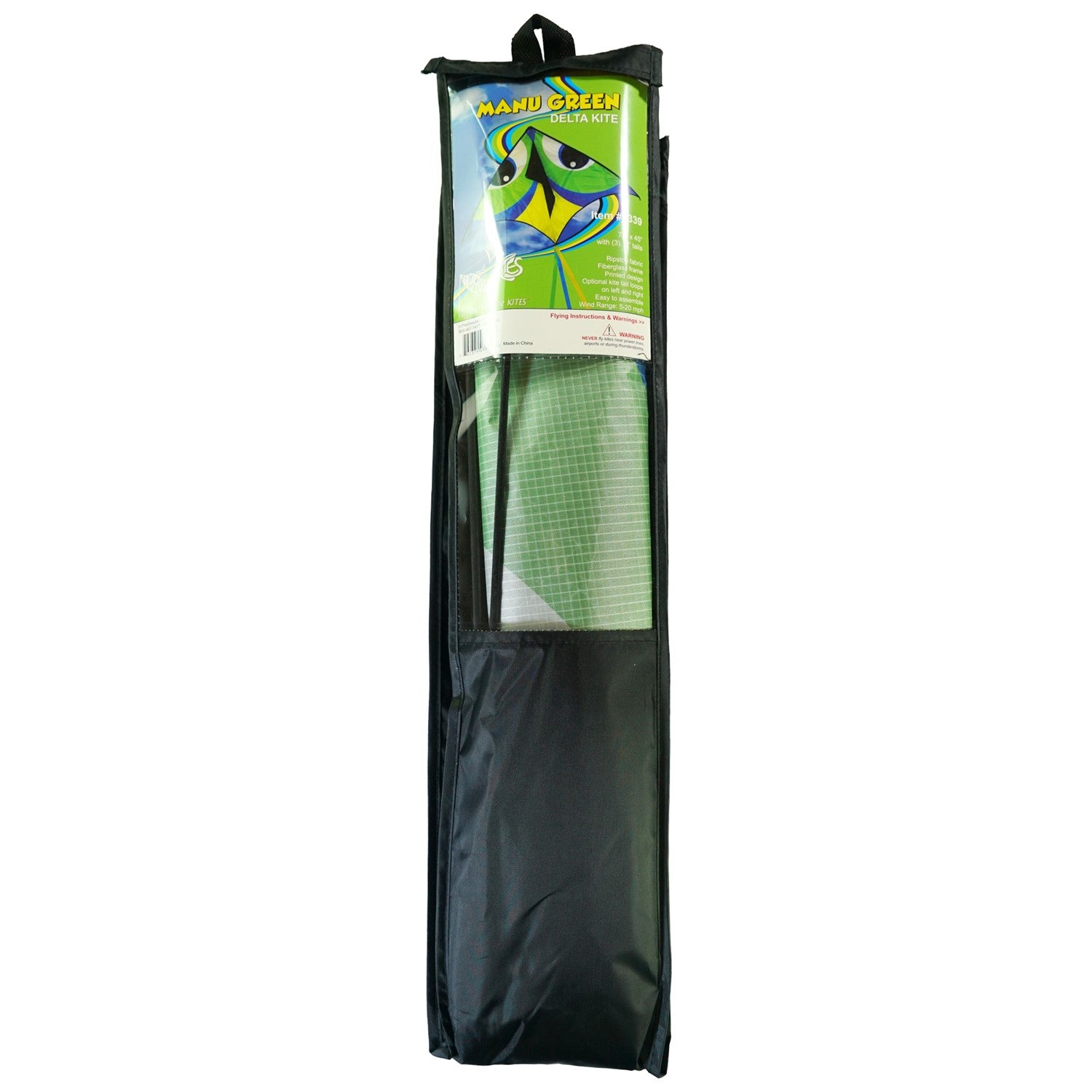 Manu Green 72" Delta Kite in colorful design with 12-foot streamer tail flying high against a clear blue sky during outdoor play.