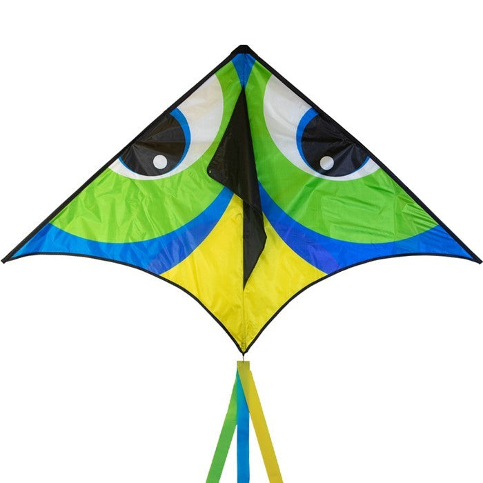 Manu Green 72" Delta Kite in colorful design with 12-foot streamer tail flying high against a clear blue sky during outdoor play.