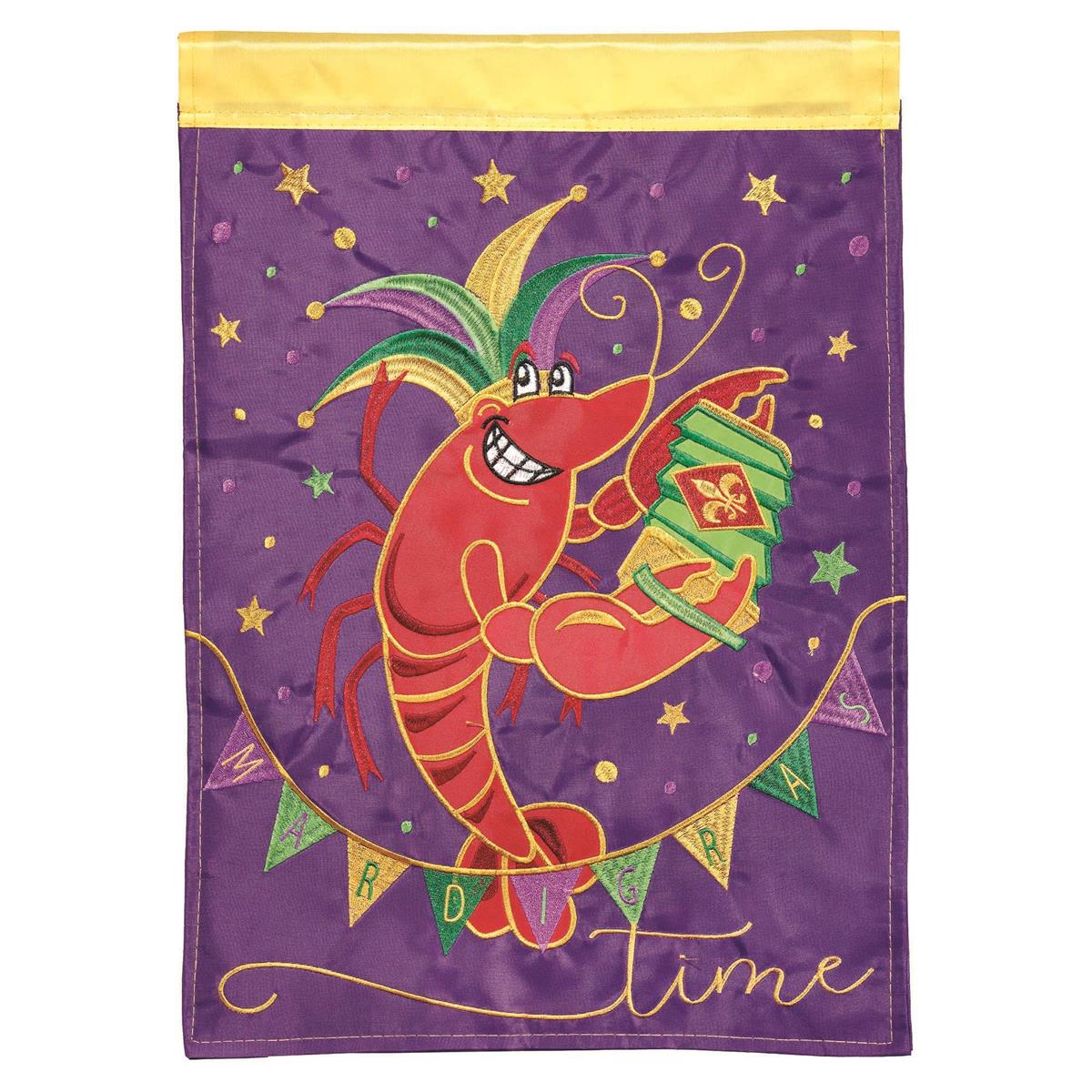 Mardi Gras Crawfish garden flag featuring intricate crawfish design, displayed in a garden setting, perfect for outdoor festivities.