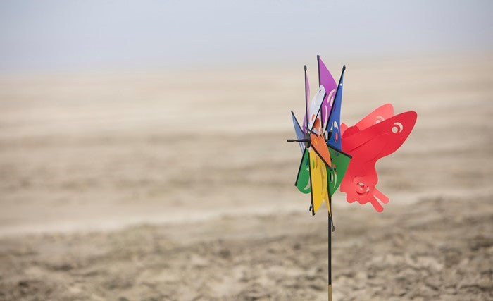 Mardi Gras Ground Spinner with colorful butterfly windsail, positioned in a garden setting, spinning gently in the breeze.