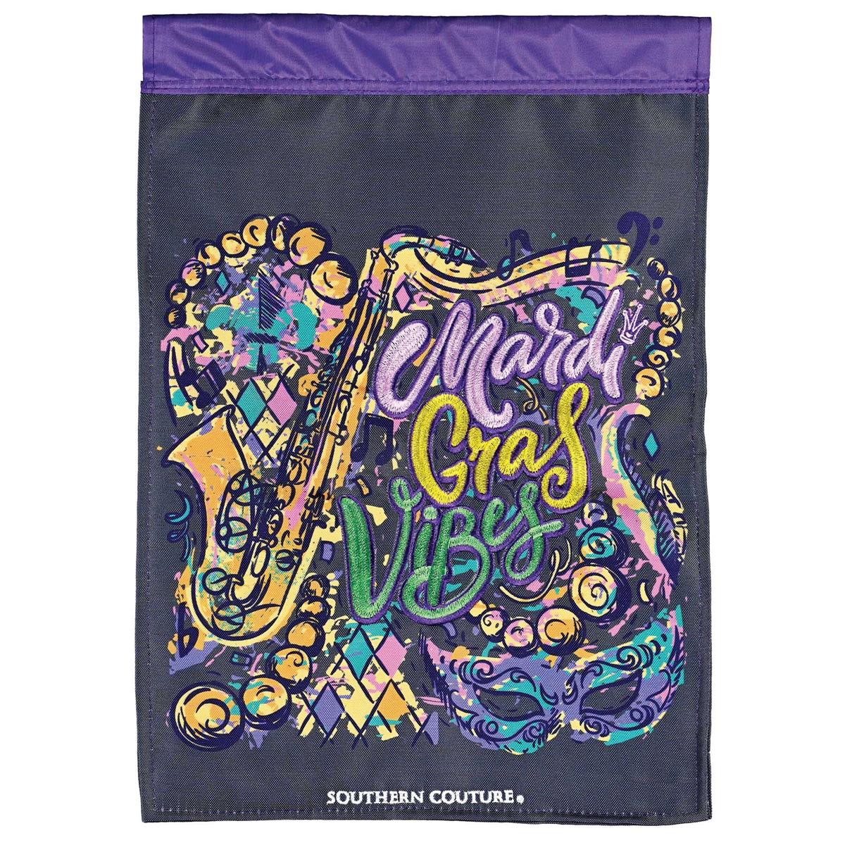 Mardi Gras Vibes garden flag showcasing double-applique colorful design, perfect for festive outdoor decor and capturing the carnival spirit in your yard.