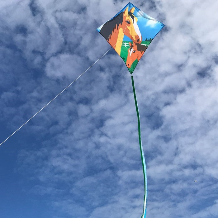 Mare & Foal 30" Diamond Kite soaring in a clear blue sky, featuring colorful graphics and long tails, perfect for outdoor enjoyment.