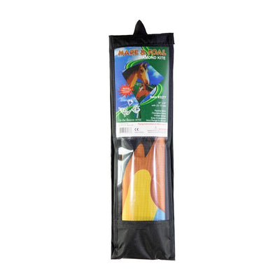 Mare & Foal 30" Diamond Kite soaring in a clear blue sky, featuring colorful graphics and long tails, perfect for outdoor enjoyment.
