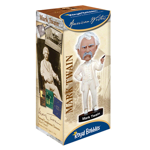 Mark Twain Bobblehead showcasing the author's iconic features, including a suit and boater hat, in a lively and detailed design.