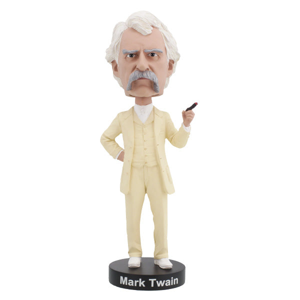 Mark Twain Bobblehead showcasing the author's iconic features, including a suit and boater hat, in a lively and detailed design.
