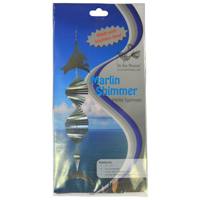 Visually striking Marlin Shimmer Helix Spinner with a helix design and reflective shimmering effect, crafted from durable stainless steel, elegantly displayed outdoors.