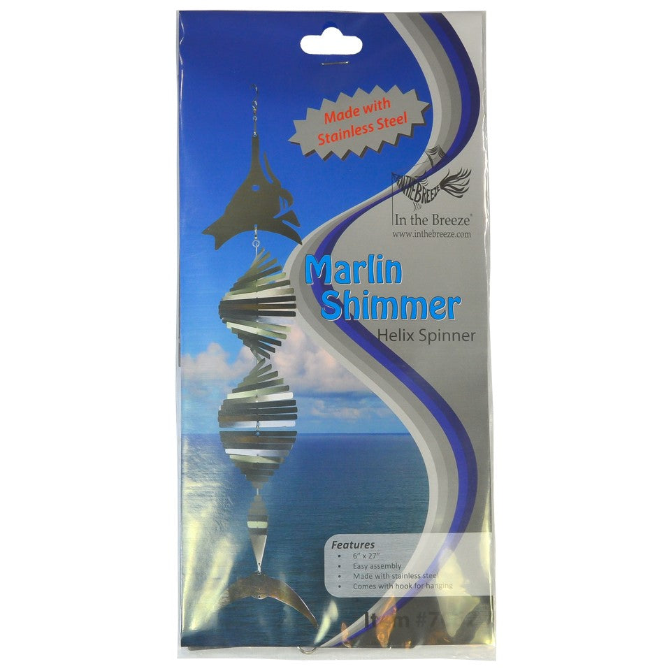 Visually striking Marlin Shimmer Helix Spinner with a helix design and reflective shimmering effect, crafted from durable stainless steel, elegantly displayed outdoors.