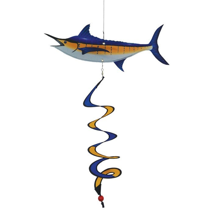 Marlin Theme Twister outdoor spinner with colorful marlin design, featuring attached swirl tail, gently spinning in a breezy outdoor setting.