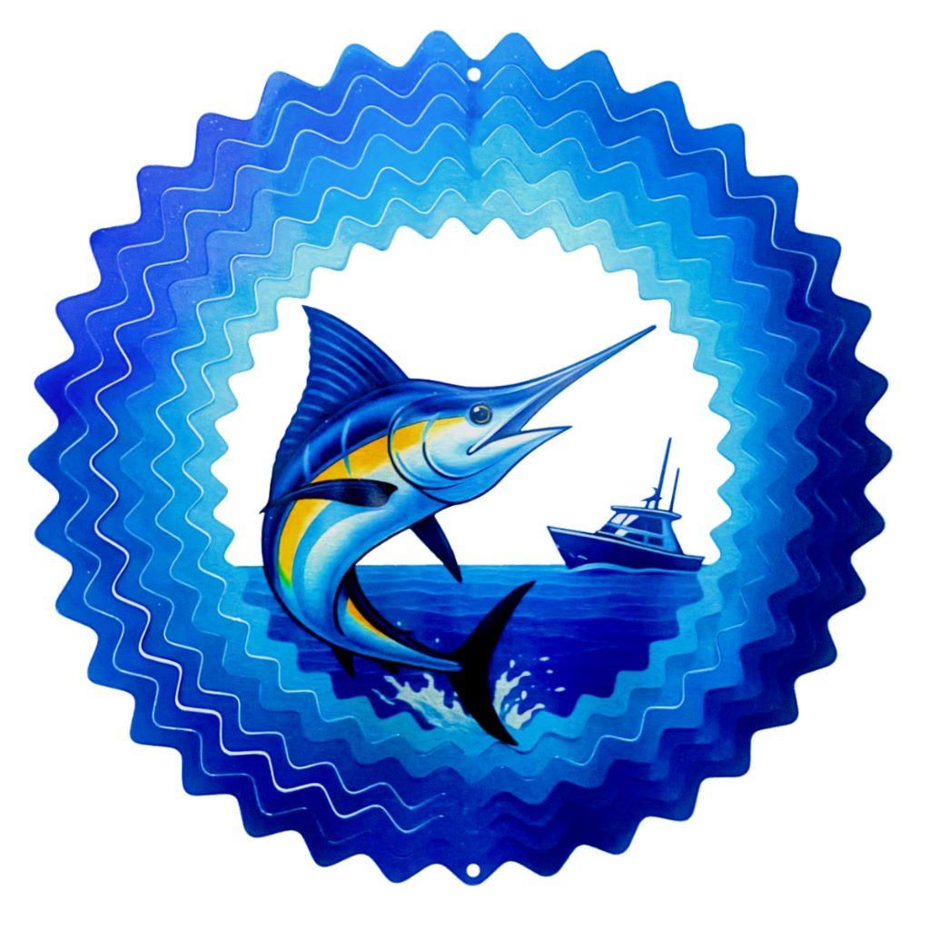 12-inch Marlin wind spinner made from powder-coated stainless steel, featuring vibrant colors and artistic design, spinning gracefully in a garden.
