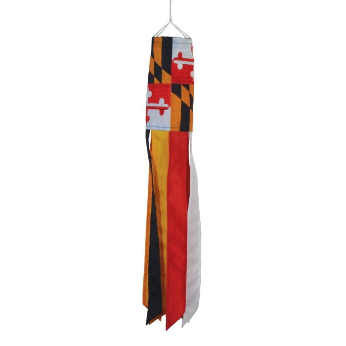 Maryland 18-inch windsock with colorful design and six fluttering tails displayed outdoors, showcasing its vibrant, weather-resistant features.