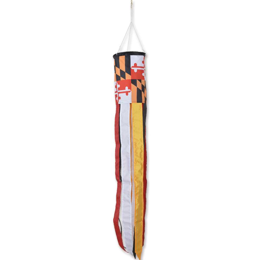 Maryland windsock in traditional shape, brightly colored with the state flag design, displayed outdoors swaying gently in the breeze.