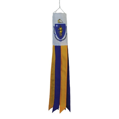 Massachusetts 18-inch windsock displaying bright colors and coordinating tails fluttering in the breeze, perfect for outdoor decor.