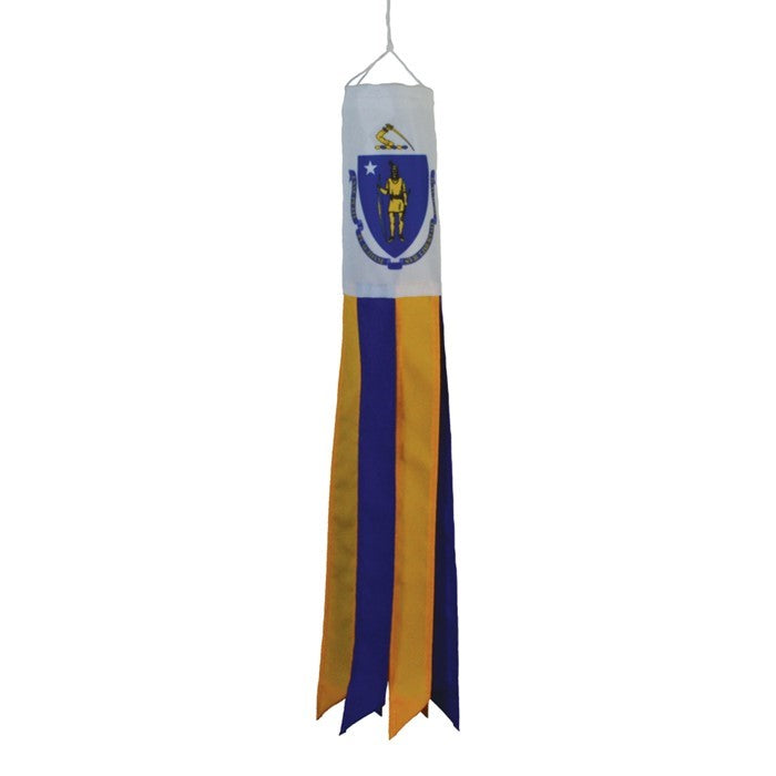 Massachusetts 18-inch windsock displaying bright colors and coordinating tails fluttering in the breeze, perfect for outdoor decor.