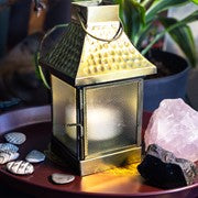 Medium Hammered Metal Square Glass Tealight Lantern featuring textured glass panels and an antiqued brass top, suitable for tea light candles.