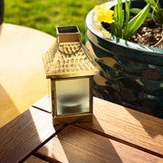 Medium Hammered Metal Square Glass Tealight Lantern featuring textured glass panels and an antiqued brass top, suitable for tea light candles.