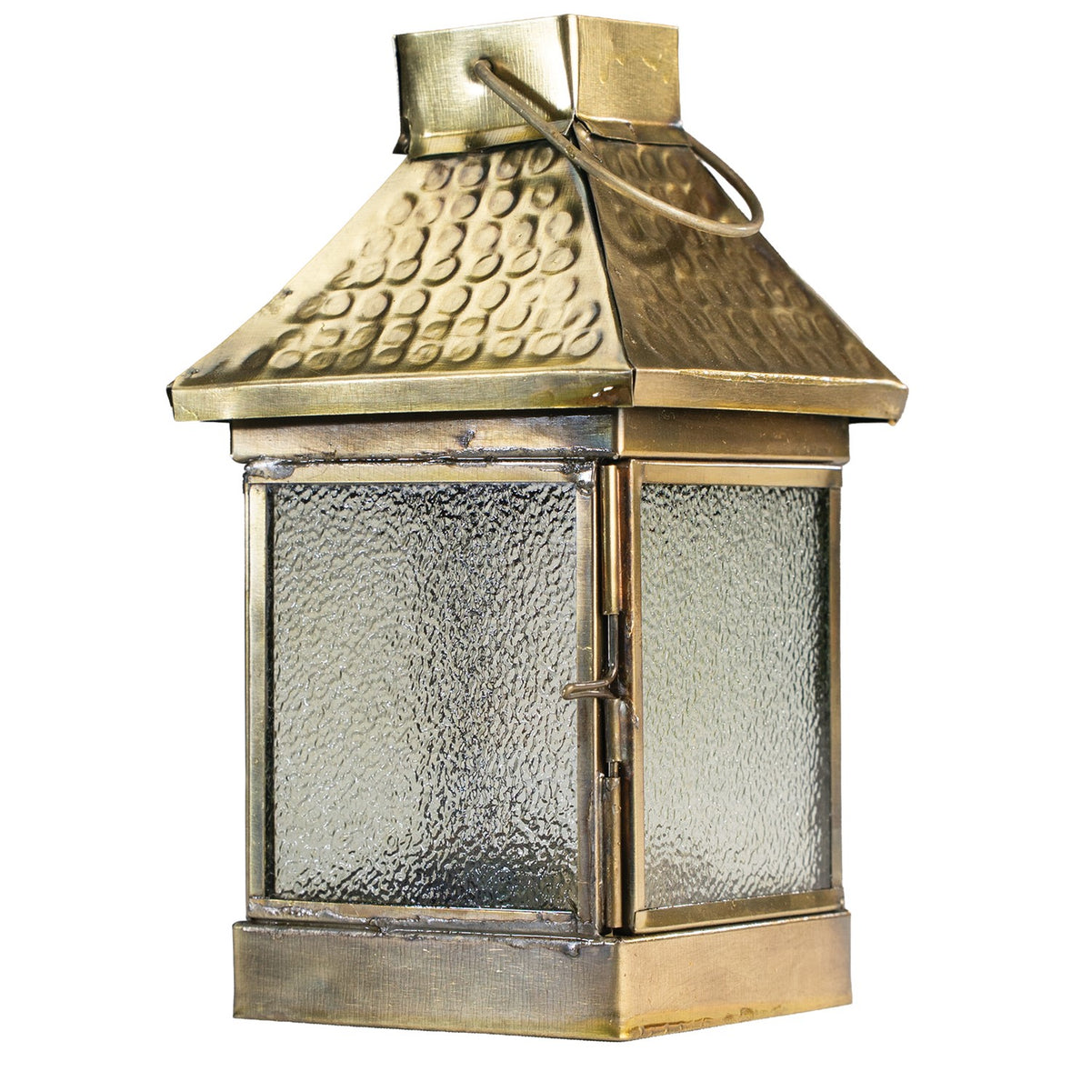 Medium Hammered Metal Square Glass Tealight Lantern featuring textured glass panels and an antiqued brass top, suitable for tea light candles.