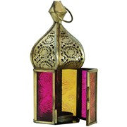 Medium Pink & Yellow Dome Hex Glass Tealight Lantern featuring textured glass panels and antique brass frame, perfect for tealight candles.