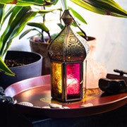 Medium Pink & Yellow Dome Hex Glass Tealight Lantern featuring textured glass panels and antique brass frame, perfect for tealight candles.