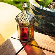 Medium Pink & Yellow Dome Hex Glass Tealight Lantern featuring textured glass panels and antique brass frame, perfect for tealight candles.