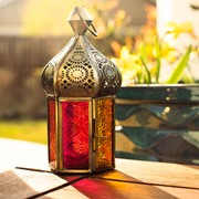 Medium Pink & Yellow Dome Hex Glass Tealight Lantern featuring textured glass panels and antique brass frame, perfect for tealight candles.