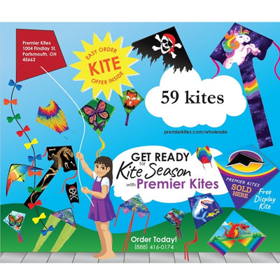 Medium Quick Order Kite Package with 59 colorful kites displayed together, showcasing various designs ideal for outdoor fun and retail settings.