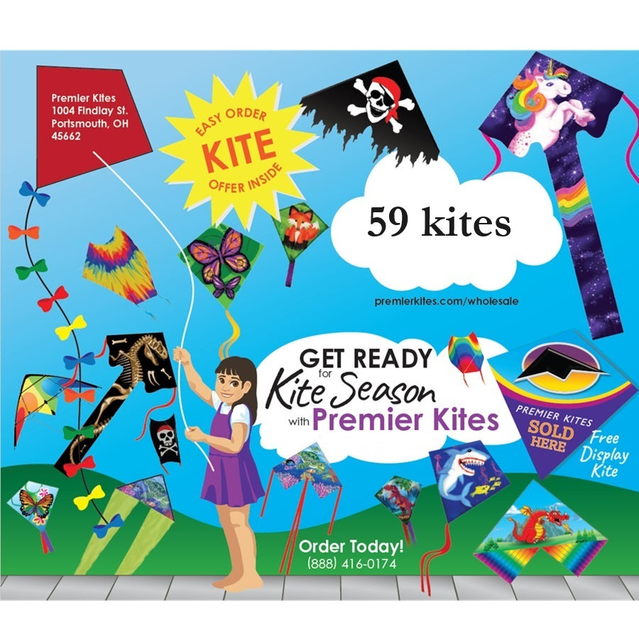 Medium Quick Order Kite Package with 59 colorful kites displayed together, showcasing various designs ideal for outdoor fun and retail settings.