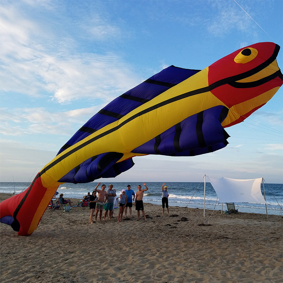Mega Flying Fish Kite soaring through the sky, showcasing vibrant colors and unique fish design, measuring 11.48x45.92 ft.