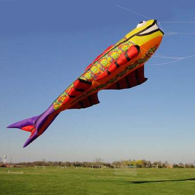 Mega Flying Fish Kite - Rainbow Orbit showcasing vibrant colors in flight, measuring 11.48 x 45.92 ft against a clear blue sky.