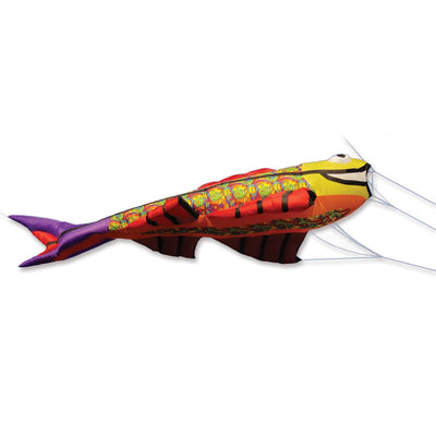 Mega Flying Fish Kite - Rainbow Orbit showcasing vibrant colors in flight, measuring 11.48 x 45.92 ft against a clear blue sky.