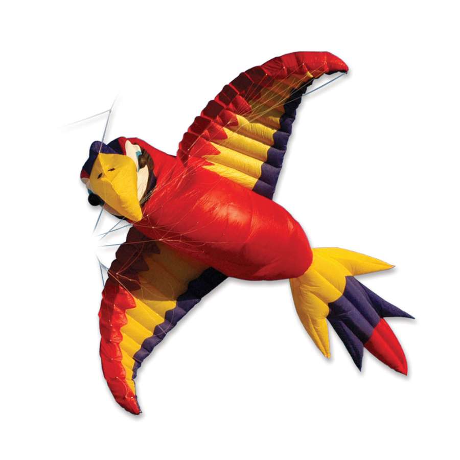 Mega Macaw Kite soaring in a clear blue sky, showcasing its vibrant colors and 16 x 18 ft. dimensions against a backdrop of green fields.