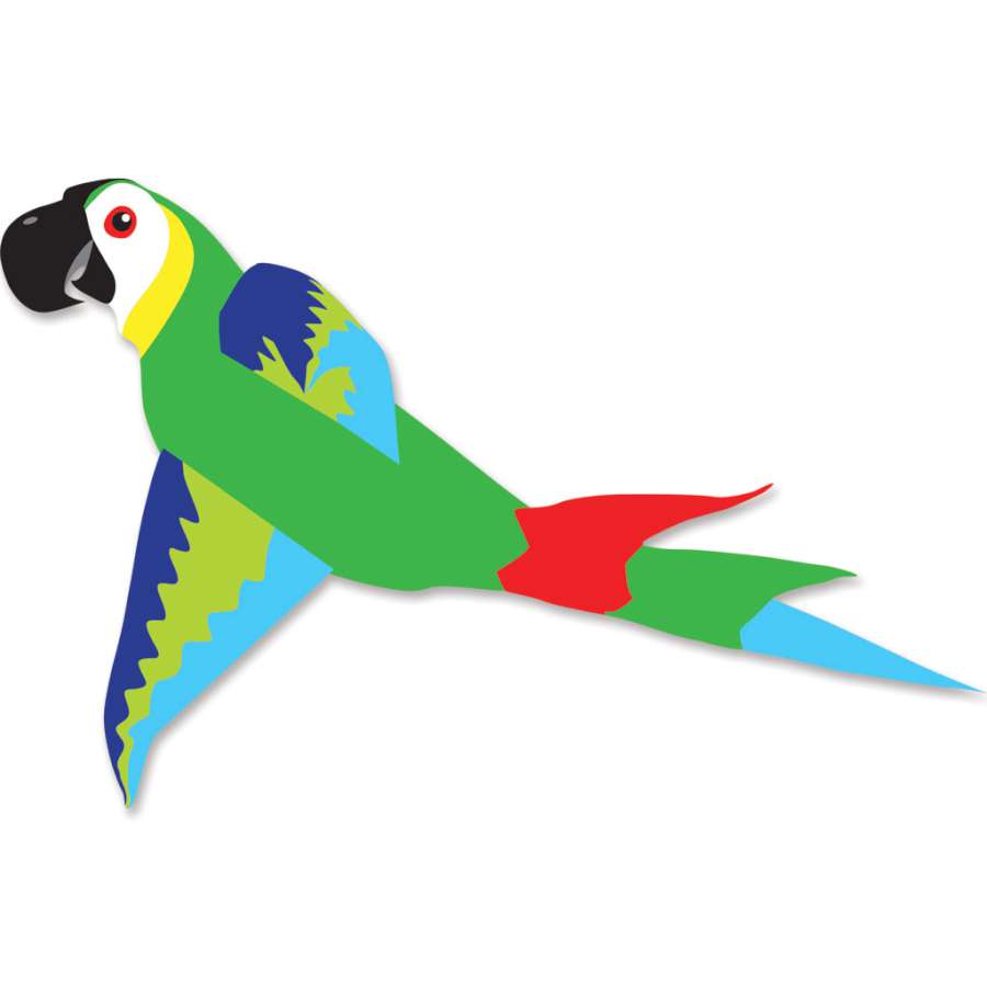 Mega Macaw Kite in green and blue soaring in the sky, showcasing its stunning design and impressive size of 16 x 18 ft.