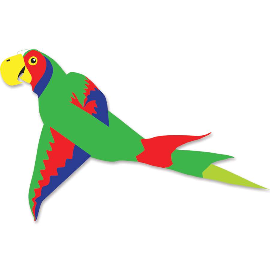 Mega Macaw Kite measuring 16x18 ft in vivid green and red, soaring against a blue sky, designed for outdoor kite flying enthusiasts.